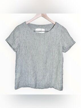 notPERFECTLINEN Striped Short-Sleeve Linen Top in Black and White